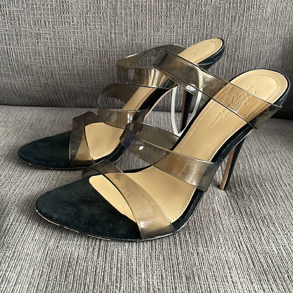 VINCE CAMUTO IMAGINE Black Transparent Minimal Stripes Stiletto Heeled Mule